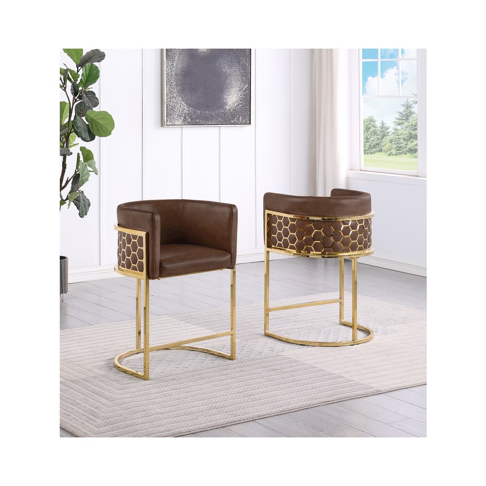 Mocha with Honeycomb Gold Base Barstool, Set of 1