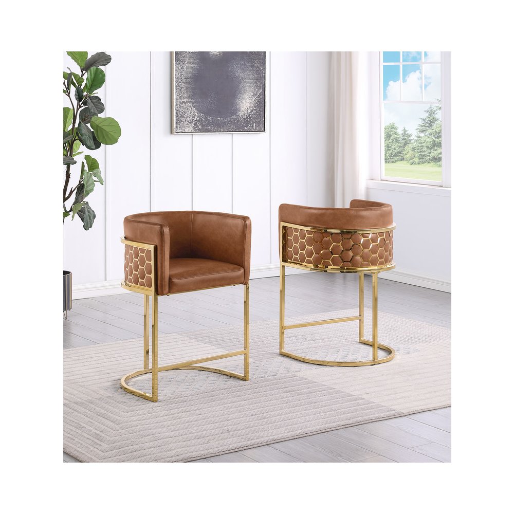 Toffee with Honeycomb Gold Base Barstool, Set of 1