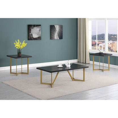 3pc Black wood top coffee table set w/gold color iron base (1Coffee+2end table)
