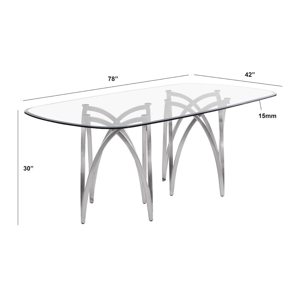 7Pc Tempered Glass Dining Table Set With 6 Gray With Matte Silver Side Chairs