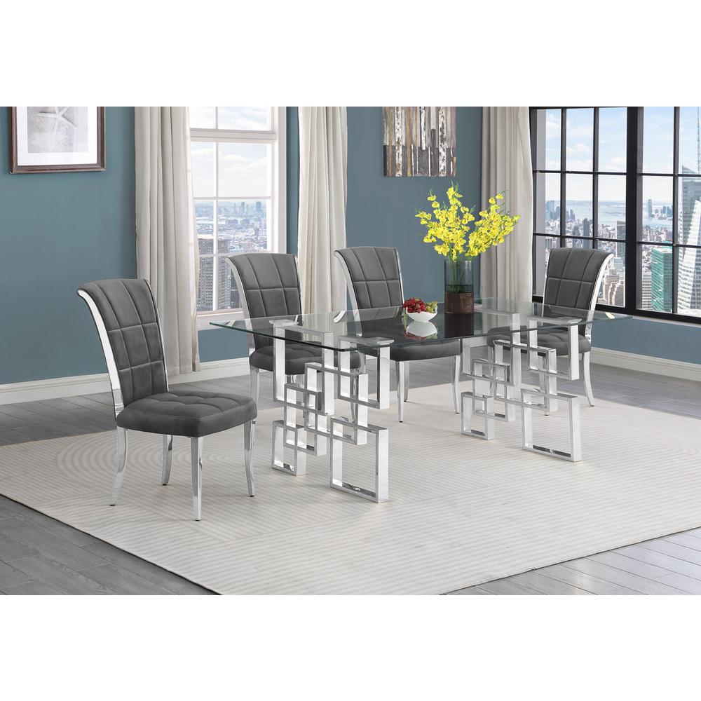 5-piece glam dining set with 4 dark grey chairs and a 79" long glass  table