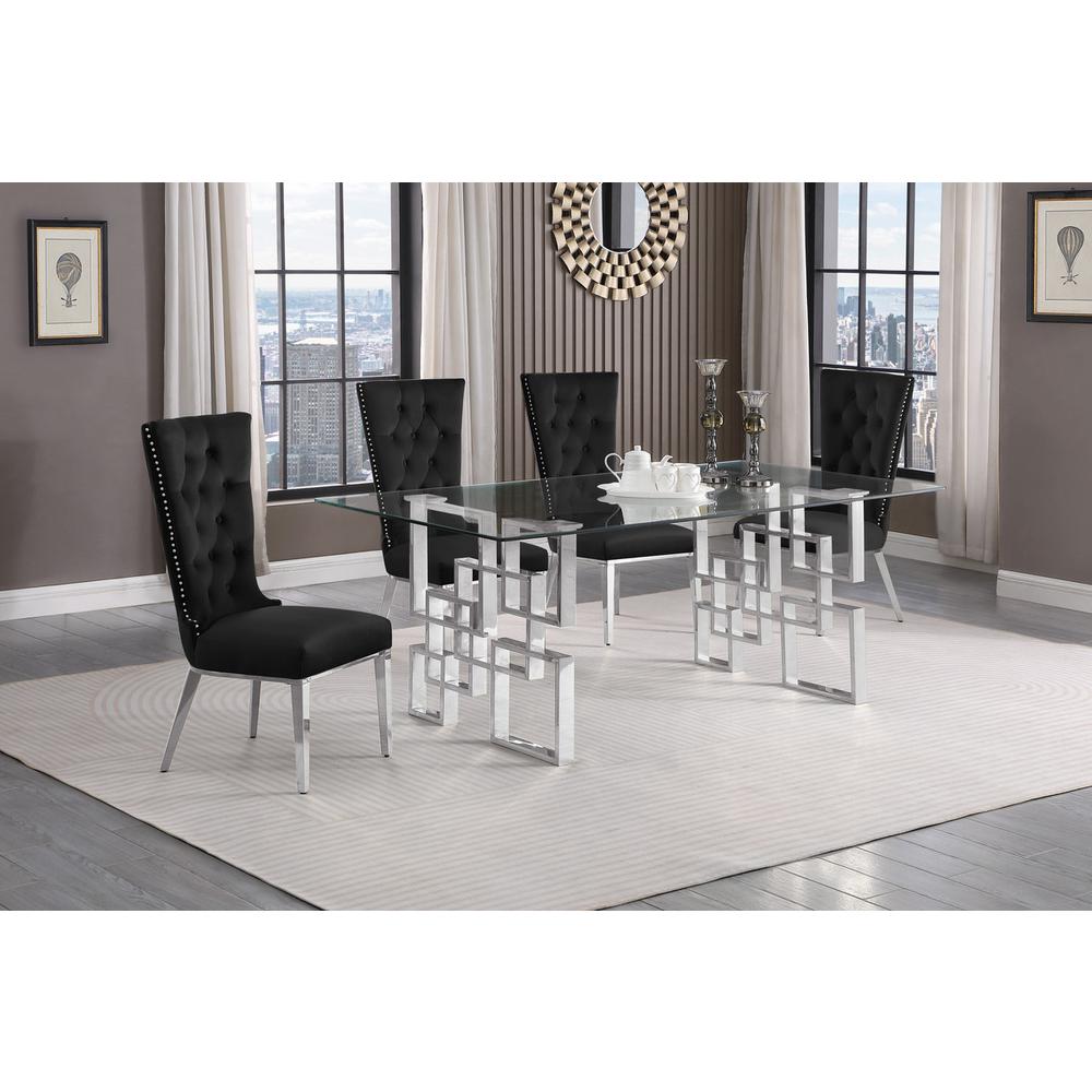 5-piece glam dining set with 4 black chairs and a 79" long glass  table