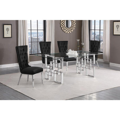 5-piece glam dining set with 4 black chairs and a 79" long glass  table