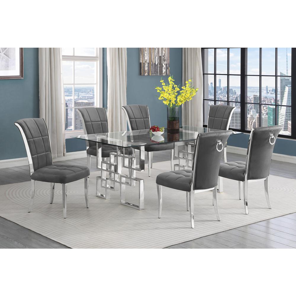 7-piece glam dining set with 6 dark grey chairs and a 79" long glass  table