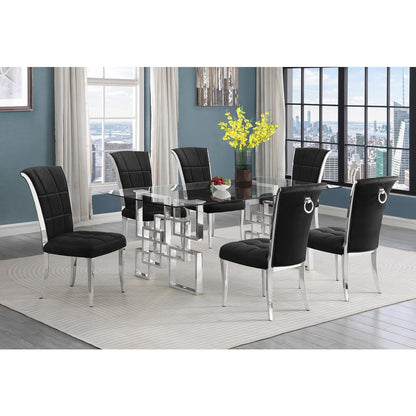 7-piece glam dining set with 6 black chairs and a 79" long glass  table