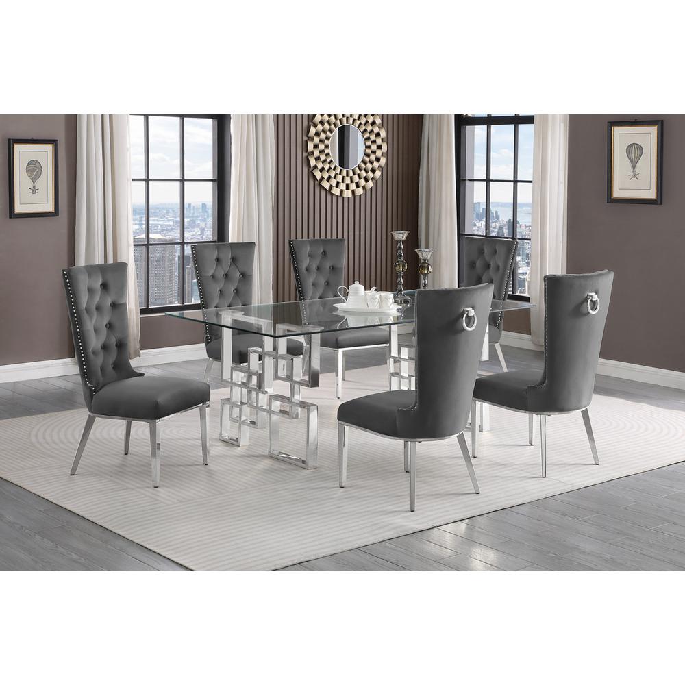 7-piece glam dining set with 6 dark grey chairs and a 79" long glass  table
