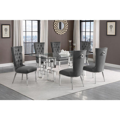 7-piece glam dining set with 6 dark grey chairs and a 79" long glass  table