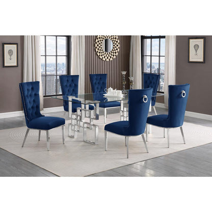 7-piece glam dining set with 6 navy blur chairs and a 79" long glass  table