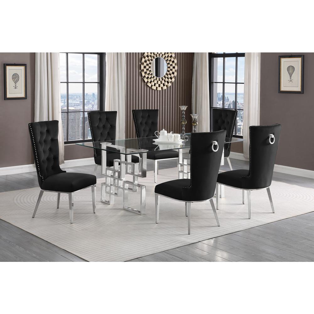 7-piece glam dining set with 6 black chairs and a 79" long glass  table