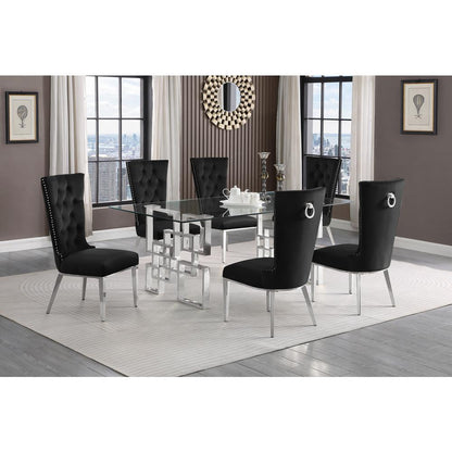 7-piece glam dining set with 6 black chairs and a 79" long glass  table