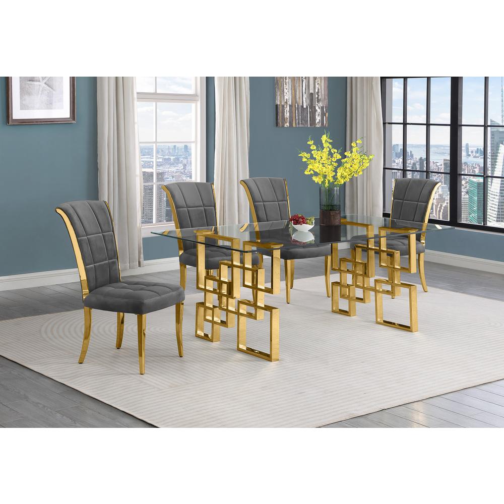 5-piece glam dining set with 4 dark grey chairs and a 79" long glass  table
