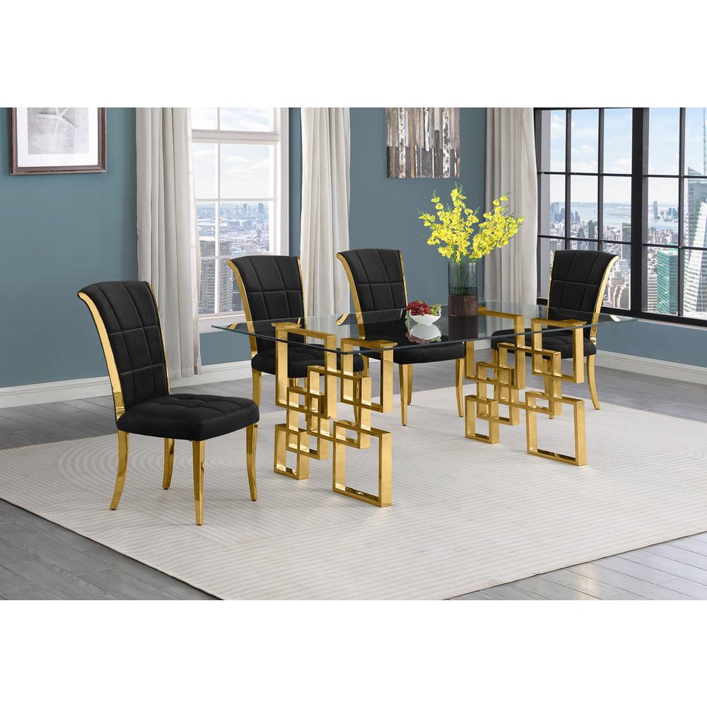 5-piece glam dining set with 4 black chairs and a 79" long glass  table