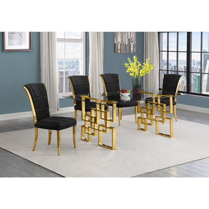5-piece glam dining set with 4 black chairs and a 79" long glass  table