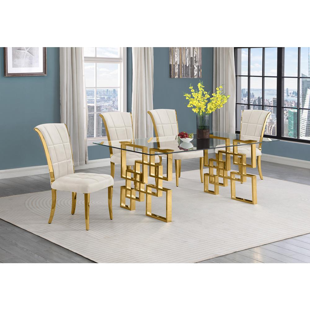 5-piece glam dining set with 4 cream chairs and a 79" long glass  table