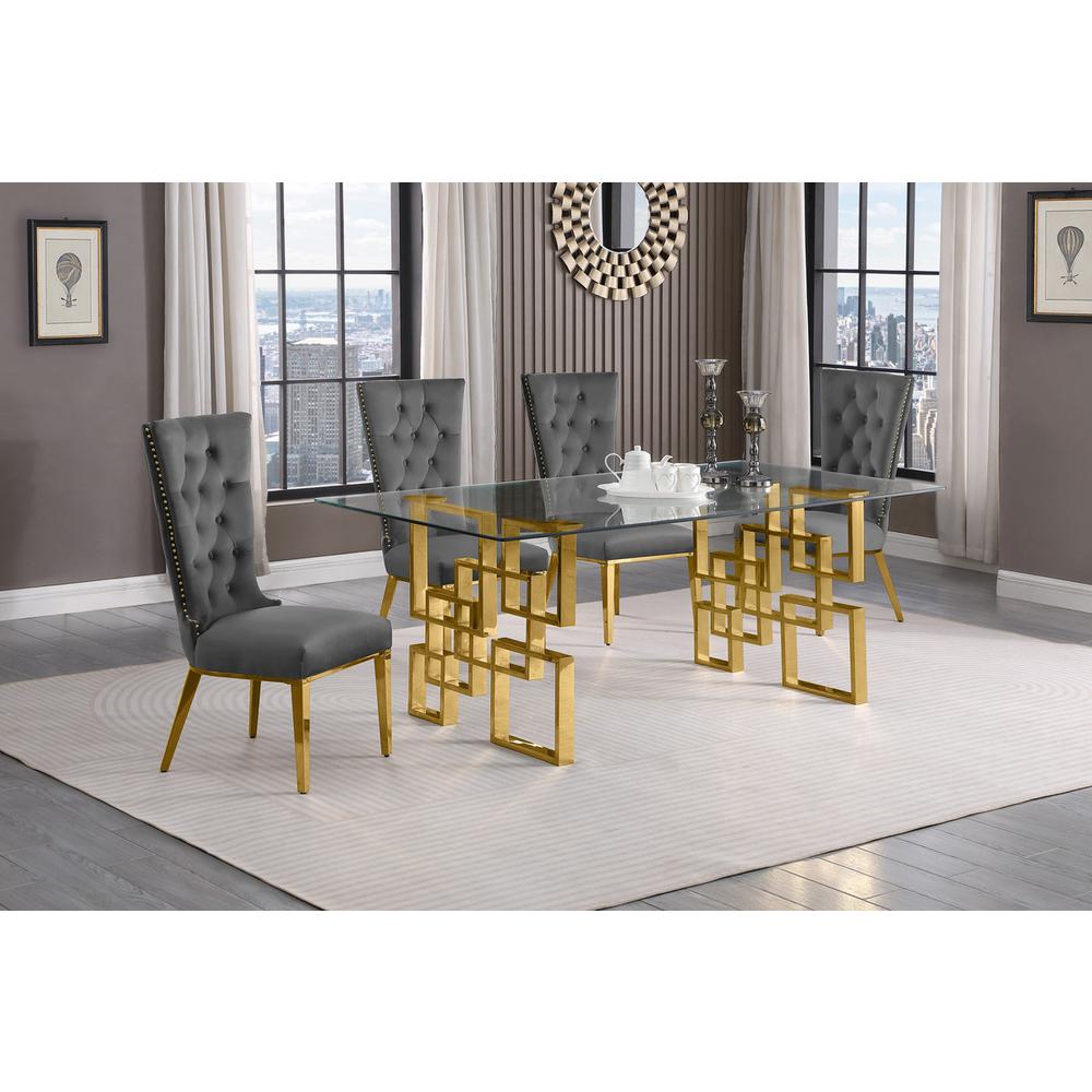 5-piece glam dining set with 4 dark grey chairs and a 79" long glass  table