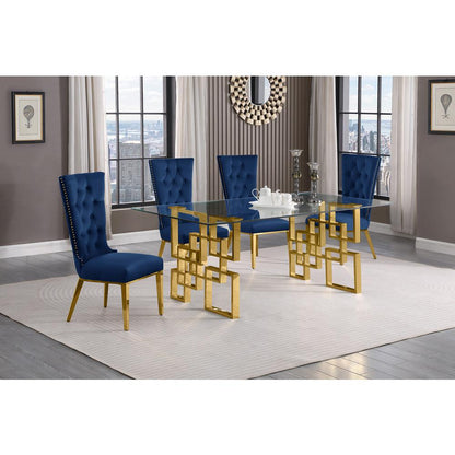 5-piece glam dining set with 4 navy blue chairs and a 79" long glass  table