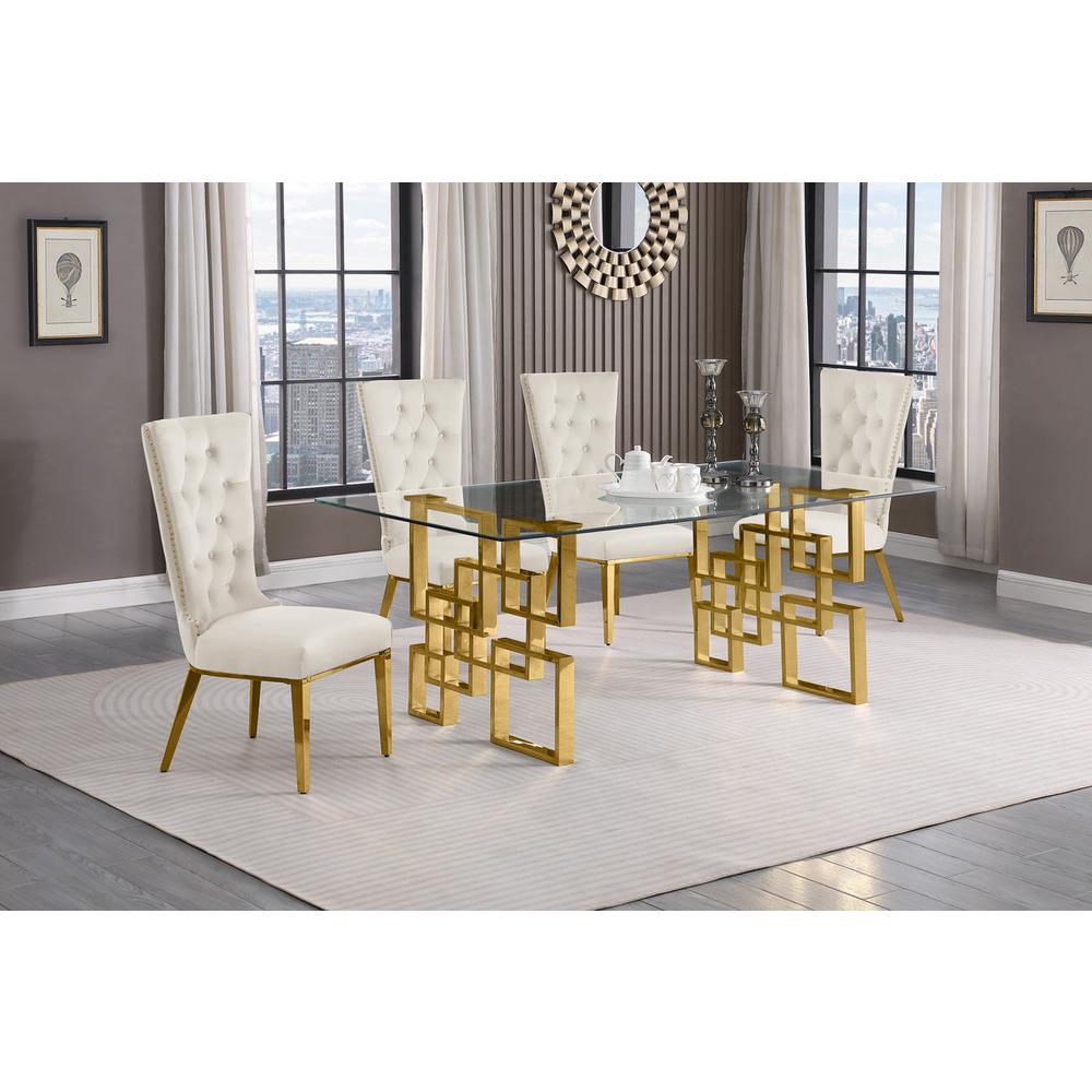 5-piece glam dining set with 4 cream side chiars and a 79" long glass  table