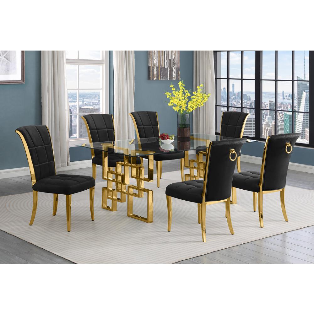 7-piece glam dining set with 6 black chairs and a 79" long glass  table