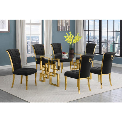 7-piece glam dining set with 6 black chairs and a 79" long glass  table