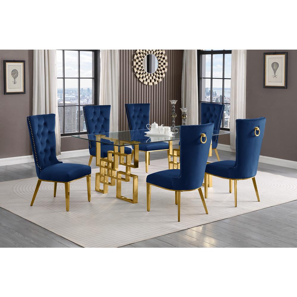 7-piece glam dining set with 6 navy blue chairs and a 79" long glass  table