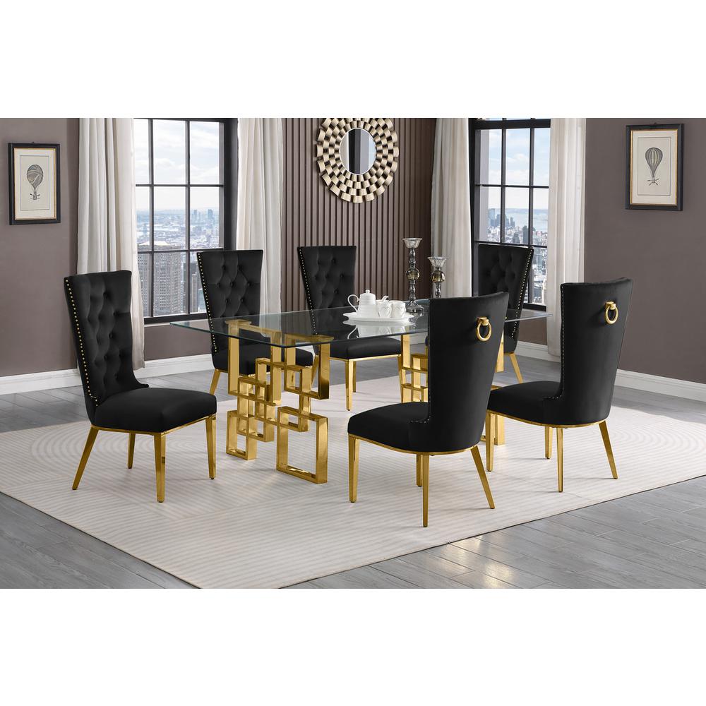 7-piece glam dining set with 6 black chairs and a 79" long glass  table