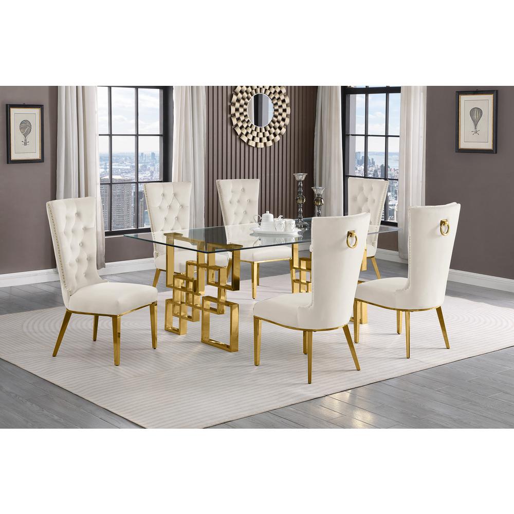 7-piece glam dining set with 6 cream chairs and a 79" long glass  table