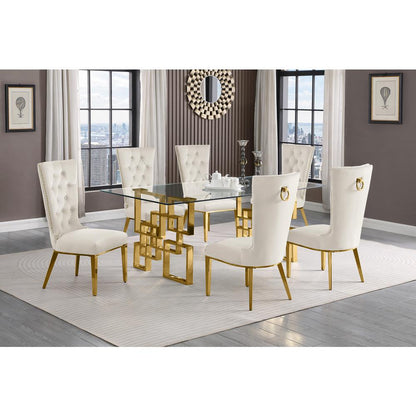7-piece glam dining set with 6 cream chairs and a 79" long glass  table