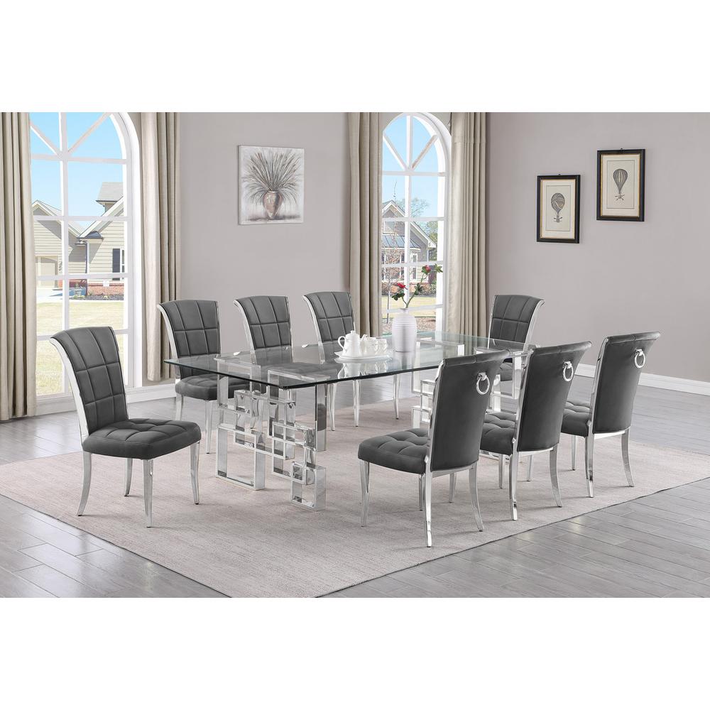 9-piece glam dining set with 8 dark grey chairs and a 95" long glass  table