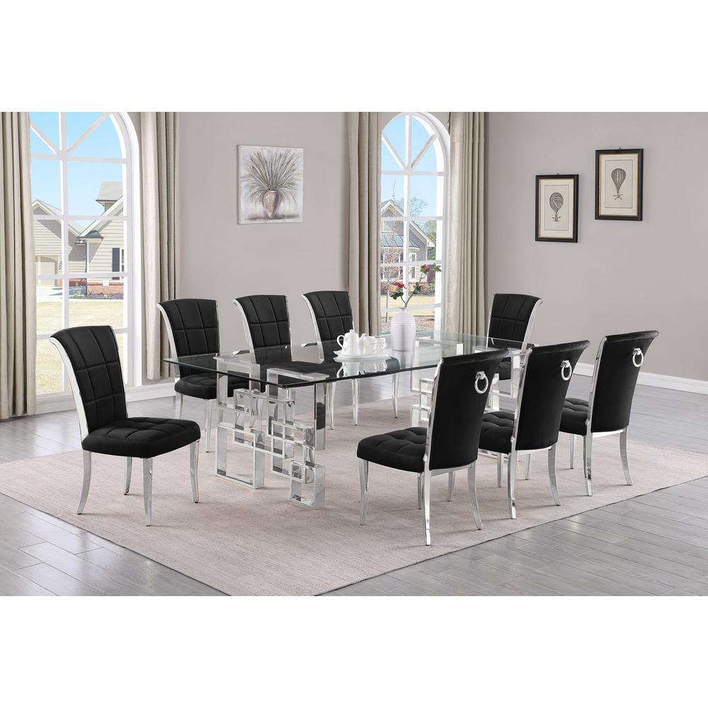 9-piece glam dining set with 8 black chairs and l 95" long glass  table