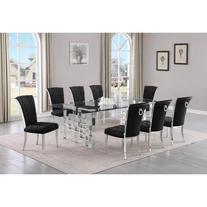 9-piece glam dining set with 8 black chairs and l 95" long glass  table