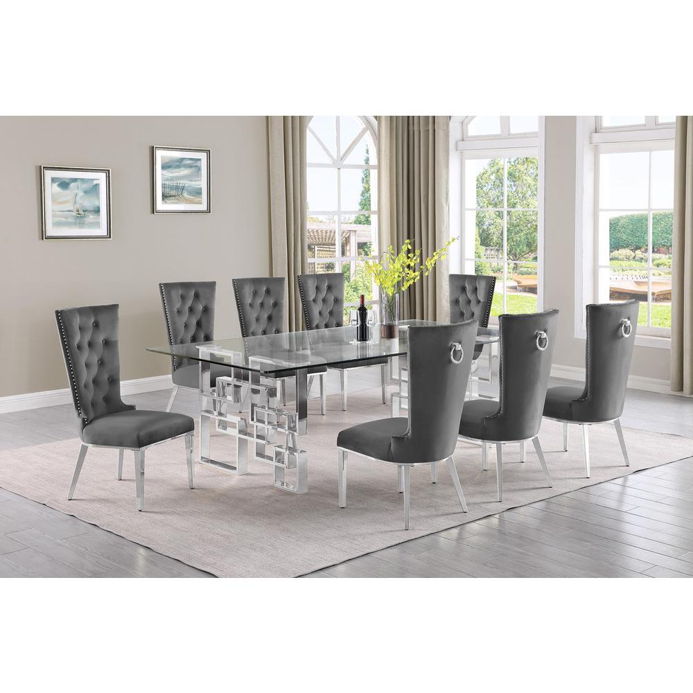 9-piece glam dining set with 8 dark grey chairs and a 95" long glass  table