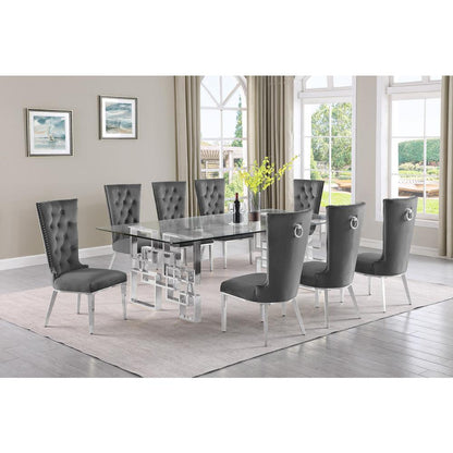 9-piece glam dining set with 8 dark grey chairs and a 95" long glass  table