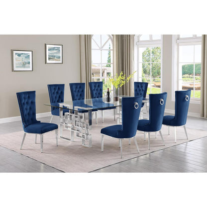9-piece glam dining set with 8 navy blue chairs and a 95" long glass  table