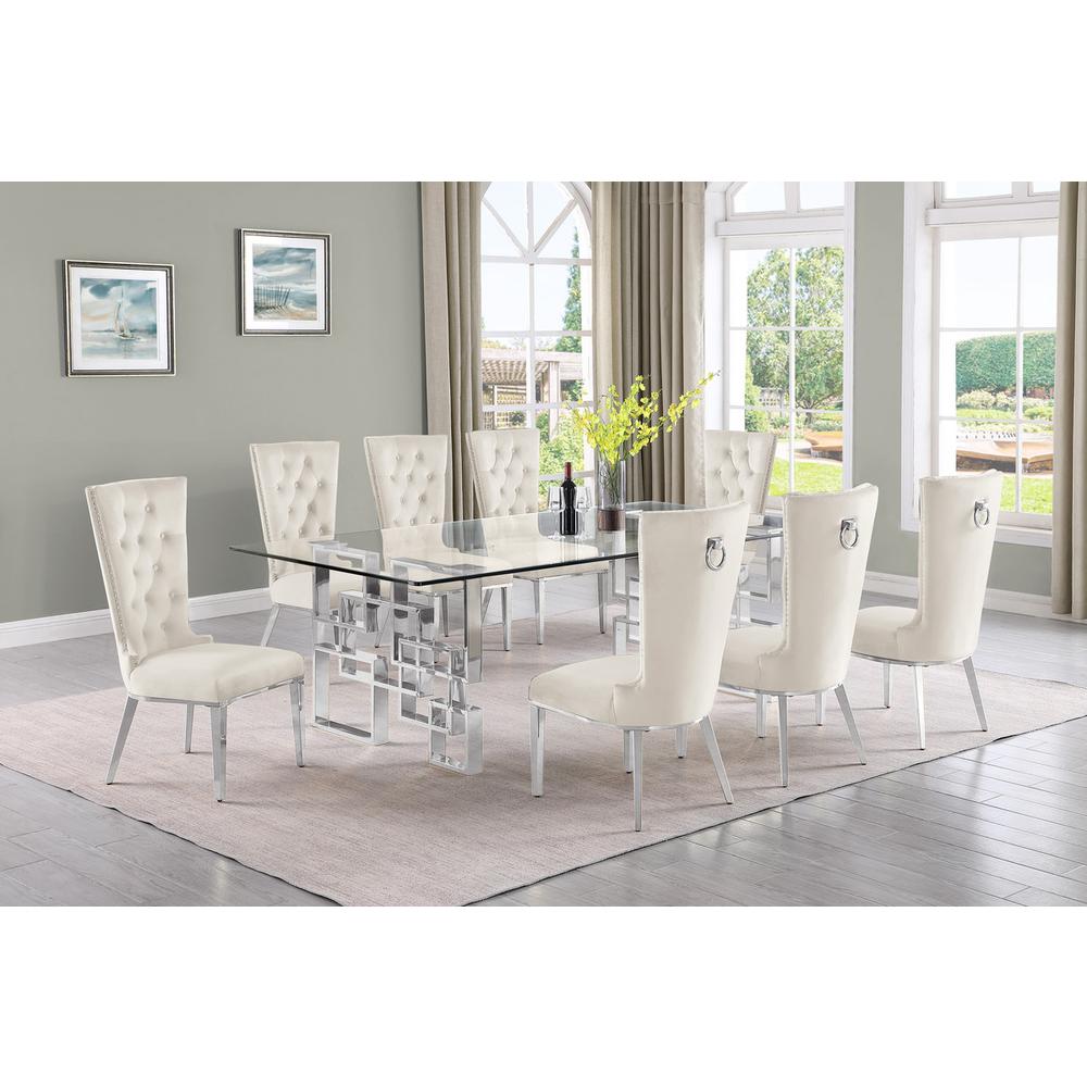 9-piece glam dining set with 8 cream chairs and a 95" long glass  table