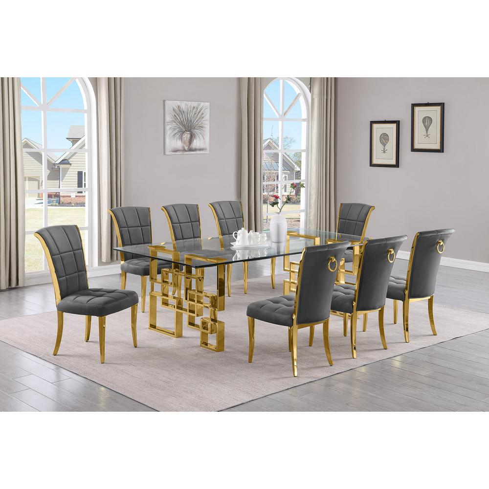9-piece glam dining set with 8 dark grey chairs and a 95" long glass  table