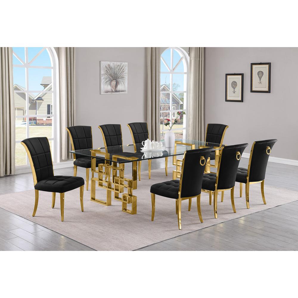 9-piece glam dining set with 8 black chairs and a 95" long glass  table