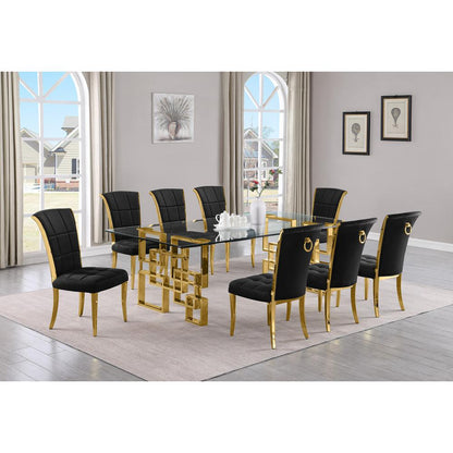 9-piece glam dining set with 8 black chairs and a 95" long glass  table