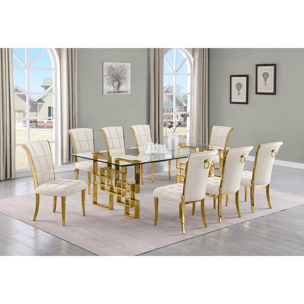 9-piece glam dining set with 8 cream chairs and a 95" long glass  table