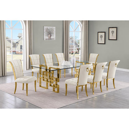 9-piece glam dining set with 8 cream chairs and a 95" long glass  table