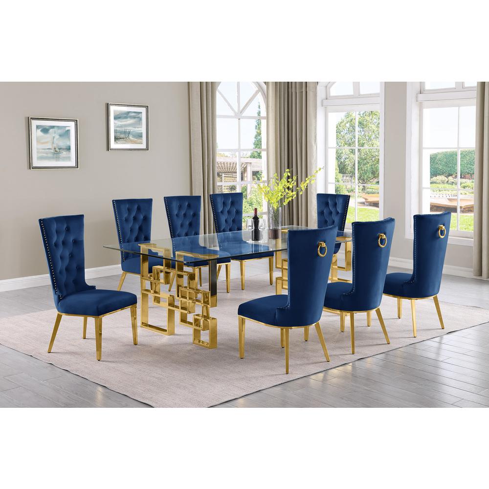 9-piece glam dining set with 8 navy blue chairs and a 95" long glass  table