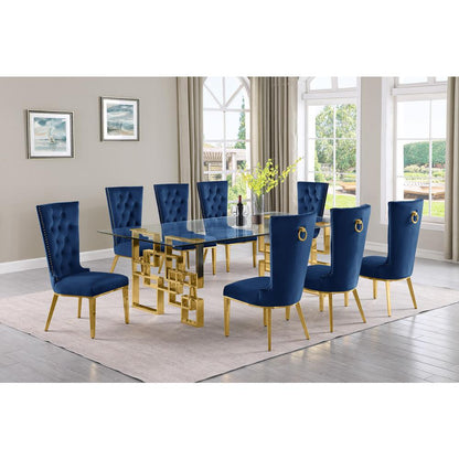 9-piece glam dining set with 8 navy blue chairs and a 95" long glass  table