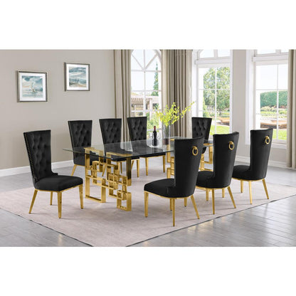 9-piece glam dining set with 8 black chairs and a 95" long glass  table