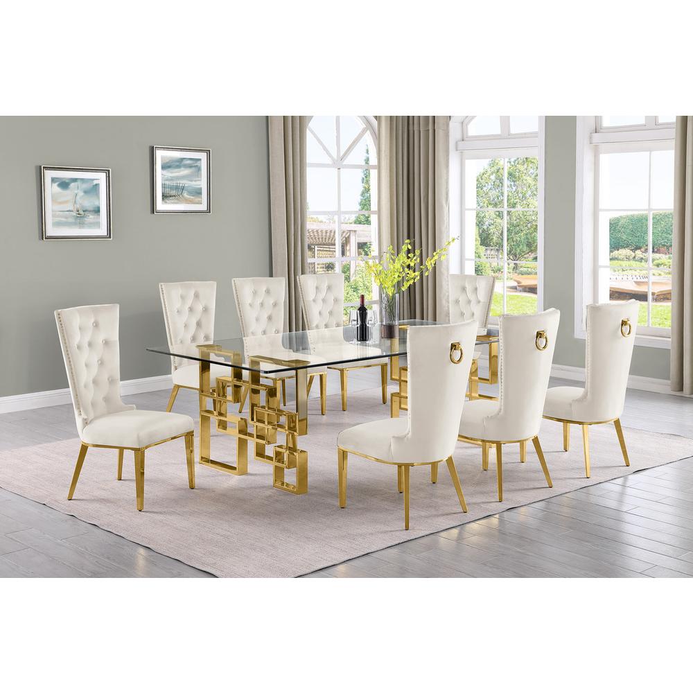 9-piece glam dining set with 8 cream chairs and a 95" long glass  table