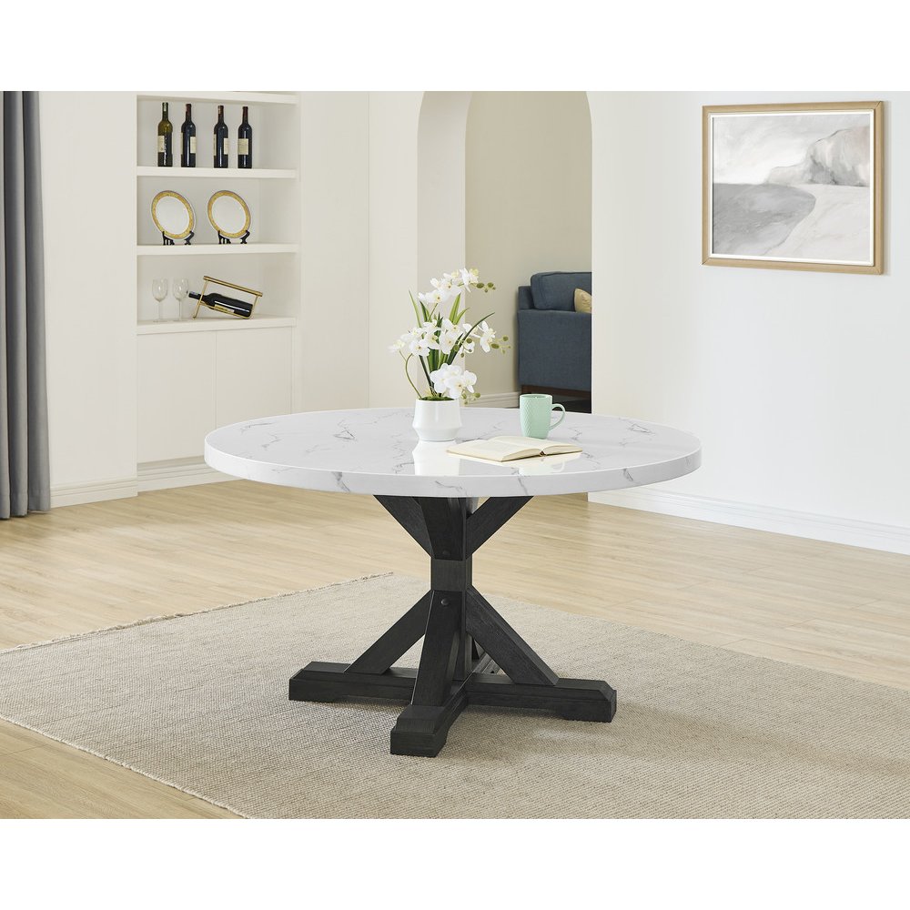 5Pc Faux Marble Table With 4 Rustic Gray Fabric Side Chairs