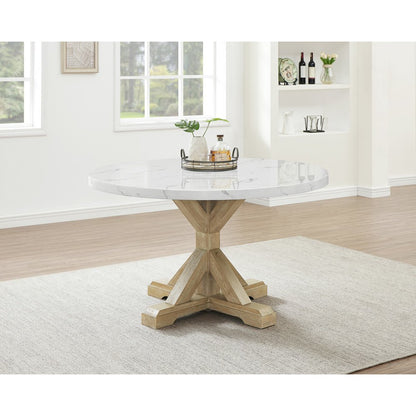 5Pc Faux Marble Table With 4 Rustic Beige Fabric Side Chairs