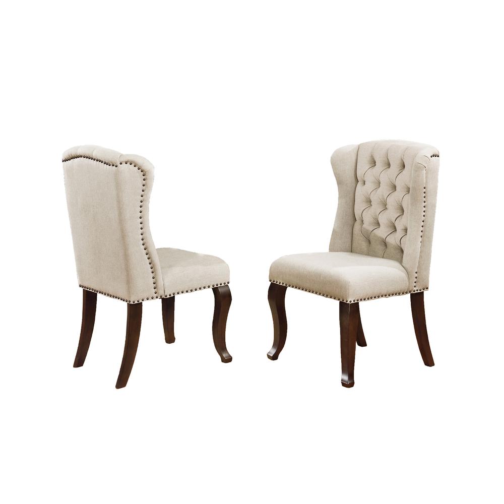 Classic 7pc Dining Set w/Uph Bench & Wingback Chairs Tufted & Naildhead Trim, Table w/Center 20" Leaf, Beige