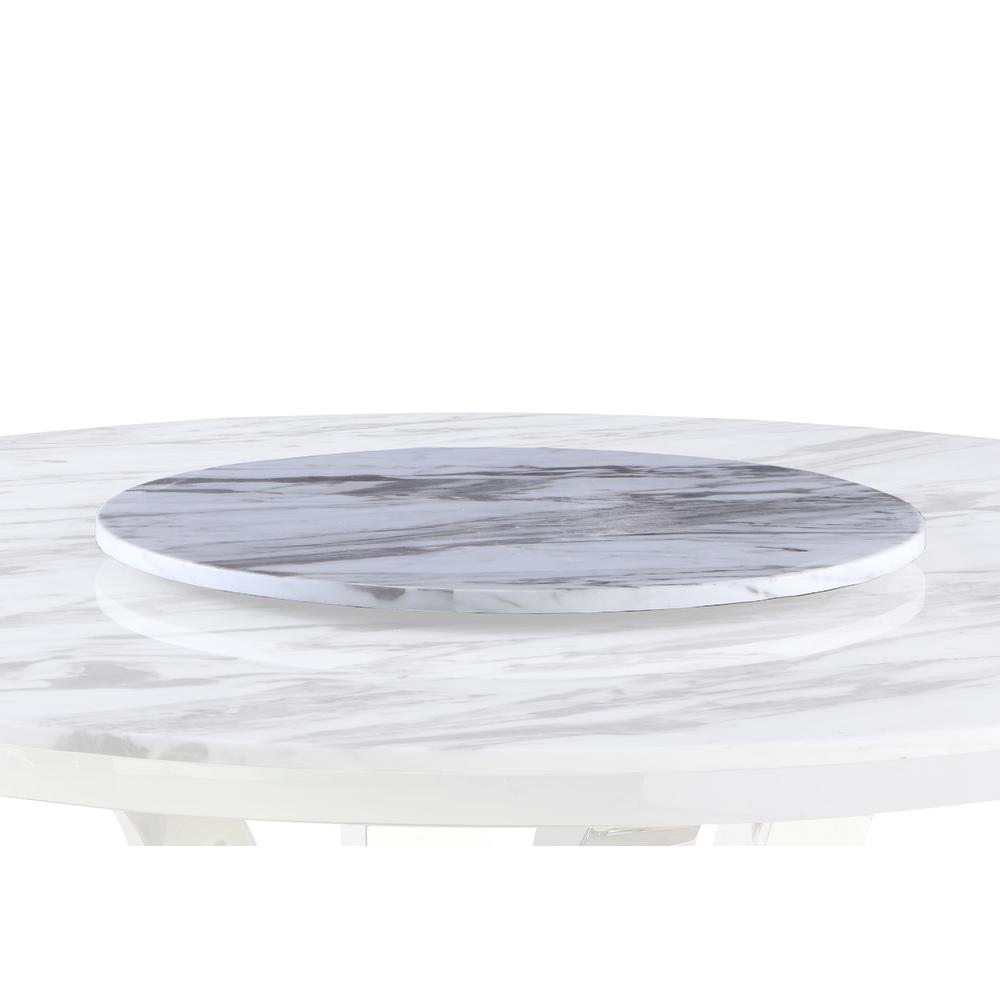 White Marble Lazy-Susan Dining Set Pleated Chairs in Navy Blue Velvet