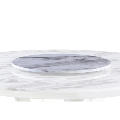 White Marble Lazy-Susan Dining Set Pleated Chairs in Navy Blue Velvet
