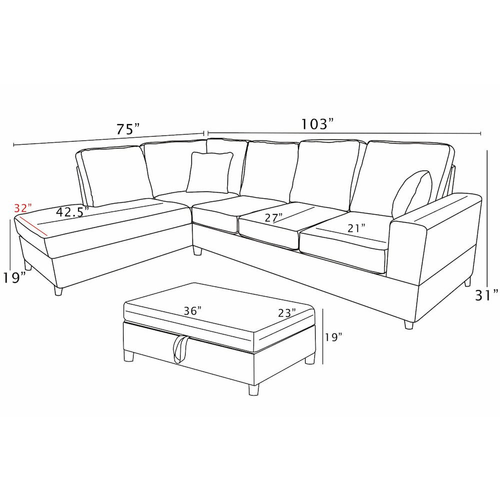 3Pc Corduroy Sectional In Light Gray