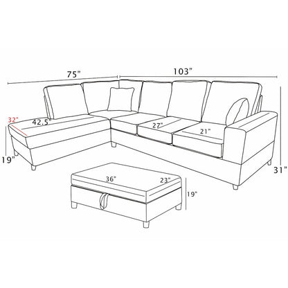 3Pc Corduroy Sectional In Light Gray